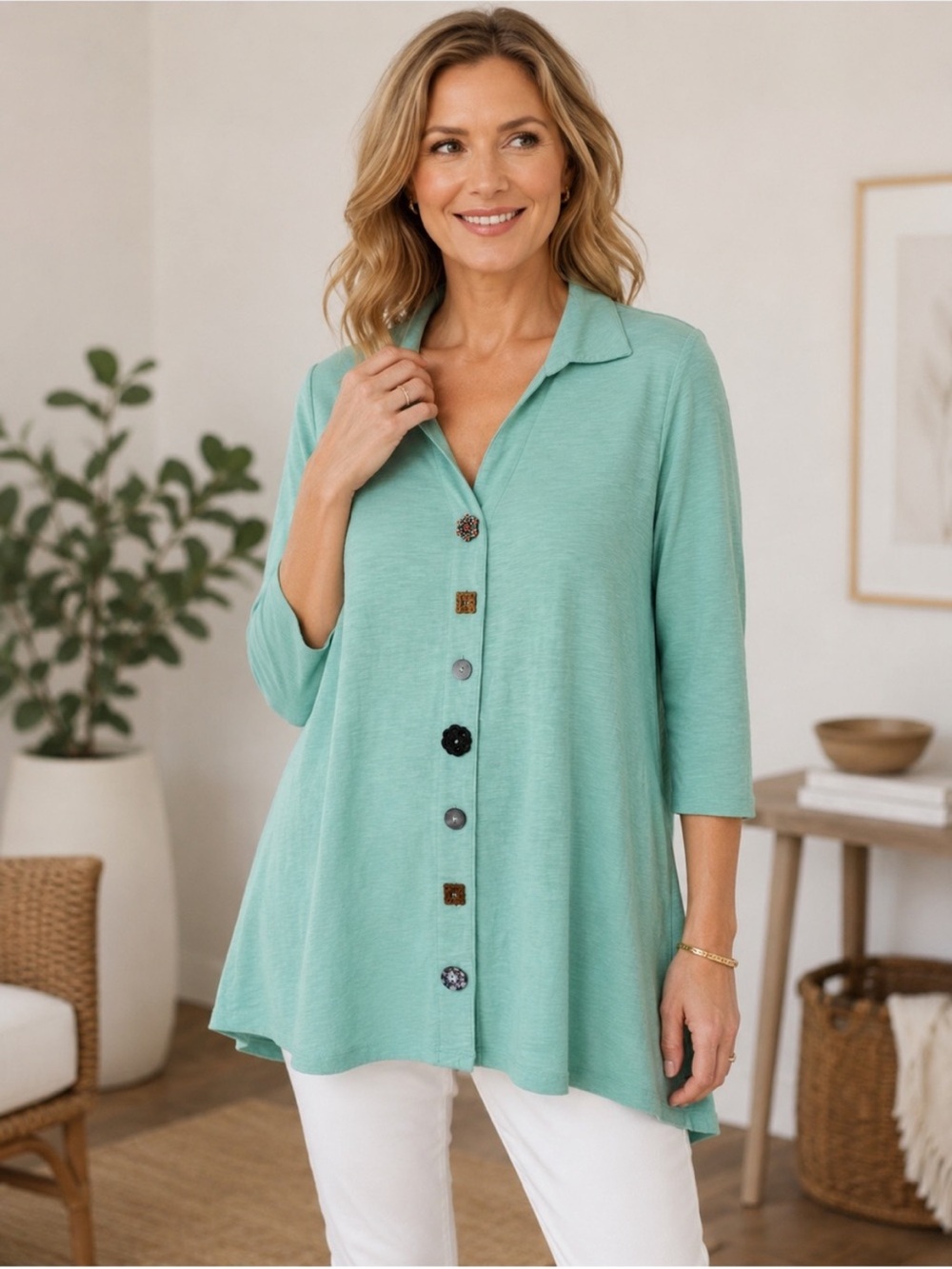 Soft Surroundings Cotton Danielle Button 3/4 Sleeve Tunic XL Dusty Turquoise